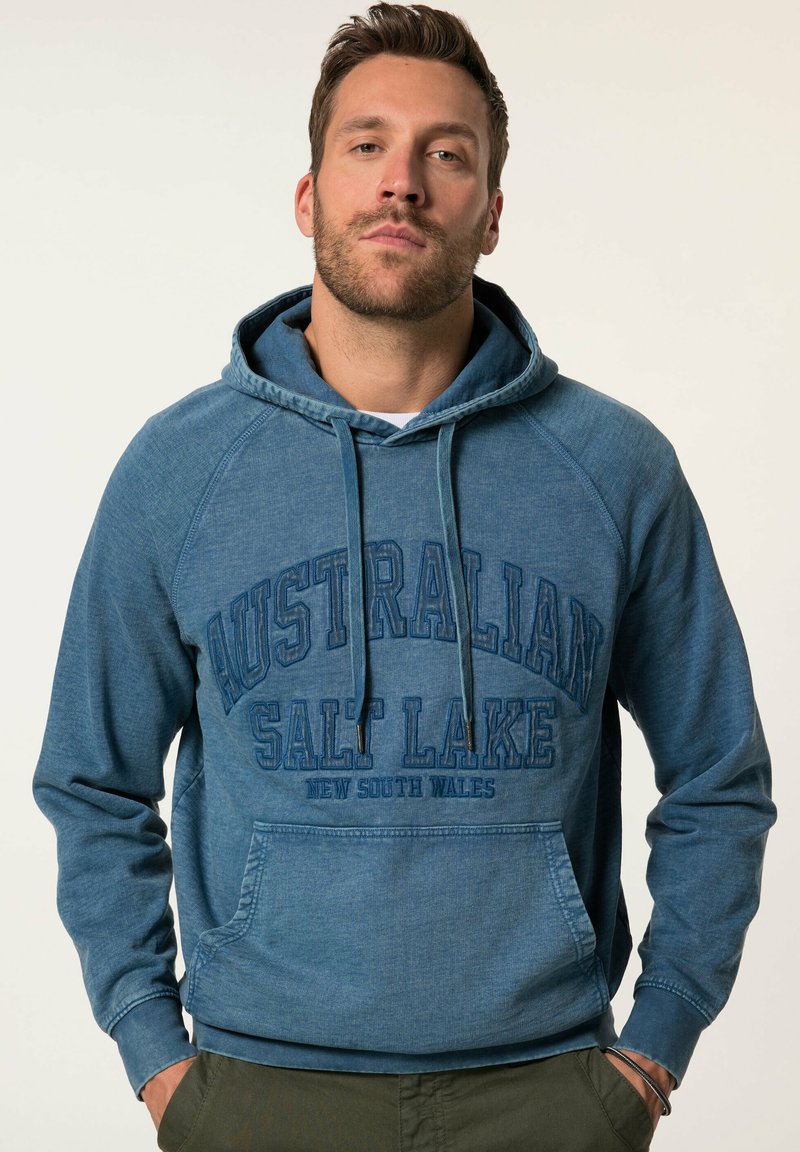Felpa blu con tasca a marsupio, cappuccio regolabile con cordino e stampa "Australian Salt Lake". Presenta polsini a costine e un tessuto texture.