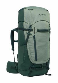 Zaino da trekking verde e verde chiaro con spallacci in rete, numerosi zip, schienale imbottito e tasche laterali per la scomparsa.