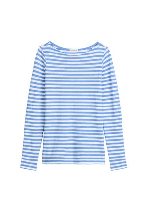 Langarm-T-Shirt in Hellblau mit weißen horizontalen Streifen, runder Ausschnitt, weicher Stoff und reguläre Passform. Herstellermarkenetikett innen am Kragen.