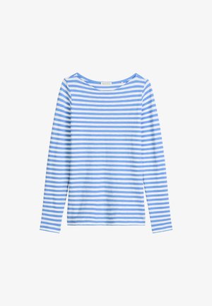 Lange mouwen t-shirt in lichtblauw met witte horizontale strepen, ronde hals, zachte stof en een reguliere fit. Herstellbrand label binnenin de hals.