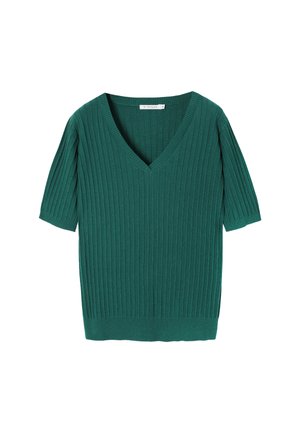 Grünes geripptes Stricktop mit V-Ausschnitt und kurzen Ärmeln. Verfügt über einen strukturierten Stoff und eine leicht lockere Passform am gesamten Körper.