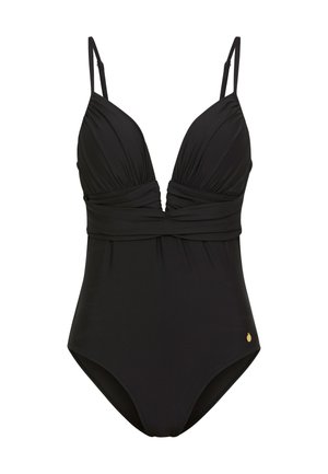 Sort heldragt med dyb V-hals, opsamlet stof ved brystet, justerbare stropper og en lille guldfarvet detalje ved hoften.