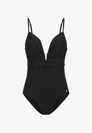 Maillot de bain une pièce noir avec un décolleté en V profond, tissu froncé au niveau de la poitrine, bretelles ajustables et un petit détail doré sur la hanche.