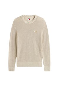 Maglione lavorato a maglia beige con polsini e orlo a coste, scollatura rotonda, con una piccola etichetta logo sul petto. Tessuto testurizzato.