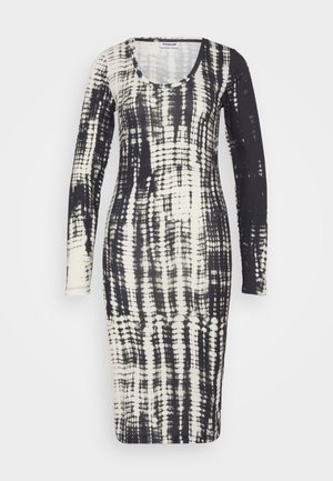 Robe à manches longues en noir et crème avec un motif tie-dye, dotée d'un décolleté arrondi et d'une silhouette ajustée, fabriquée en tissu doux et extensible.