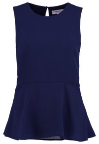 Ärmelloses, marineblaues Peplum-Top mit Rundhalsausschnitt und Knopfverschluss auf der Rückseite. Glattes Material mit taillierter Taille und ausgestelltem Saum.