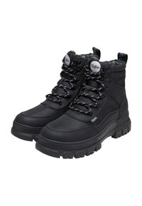 Botas de senderismo negras hechas de goma texturizada y malla, con un collar acolchado, un sistema de cordones reforzado y suelas gruesas con dibujo.