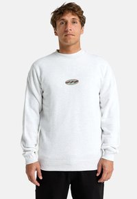 Light gray crewneck sweatshirt made of cotton blend, featuring a small multicolored logo on the chest and ribbed cuffs and hem.