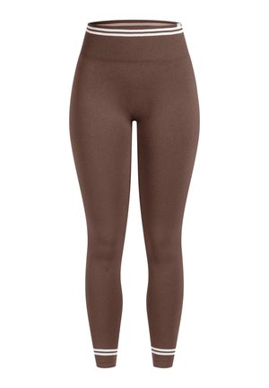 Brune leggings lavet af strækbart stof, med høj talje og hvide striber øverst og ved anklerne.