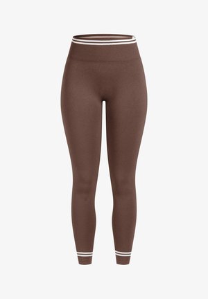 Brune leggings lavet af strækbart stof, med høj talje og hvide striber øverst og ved anklerne.