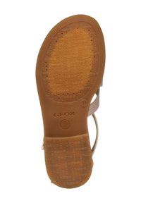 Sandali Geox con suola in gomma marrone chiaro, caratterizzati da nome del brand impresso e fori per la traspirabilità, completati da una parte superiore liscia.