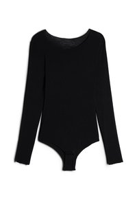 Zwarte longsleeve bodysuit van zacht materiaal met een ronde hals en drukknoopsluiting onderaan, met onafgewerkte zomen.