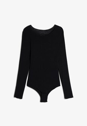 Zwarte longsleeve bodysuit van zacht materiaal met een ronde hals en drukknoopsluiting onderaan, met onafgewerkte zomen.