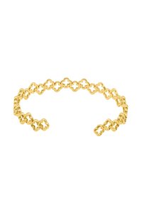 Bracciale a manica in tonalità oro con anelli interconnessi a forma di trifoglio con una finitura testurizzata, design aperto per una vestibilità regolabile.