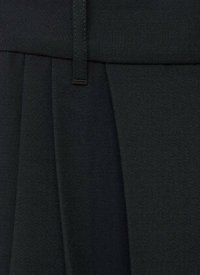 Black pleated fabric, featuring a smooth texture, sturdy waistband, and subtle stitching detail. Suitable for various occasions.