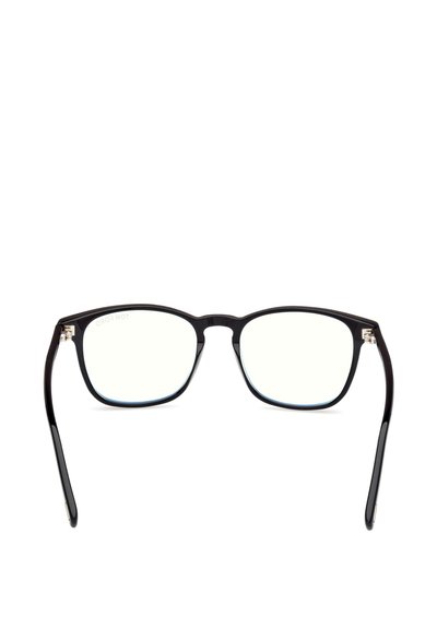 Lunettes rectangulaires noires avec une finition brillante. Branches texturées et détails en métal argenté aux charnières. Verres transparents, design minimaliste.