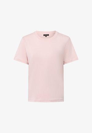 Helles rosa T-Shirt mit kurzen Ärmeln und Rundhalsausschnitt, mit geradem Saum, vor einem schlichten weißen Hintergrund präsentiert.