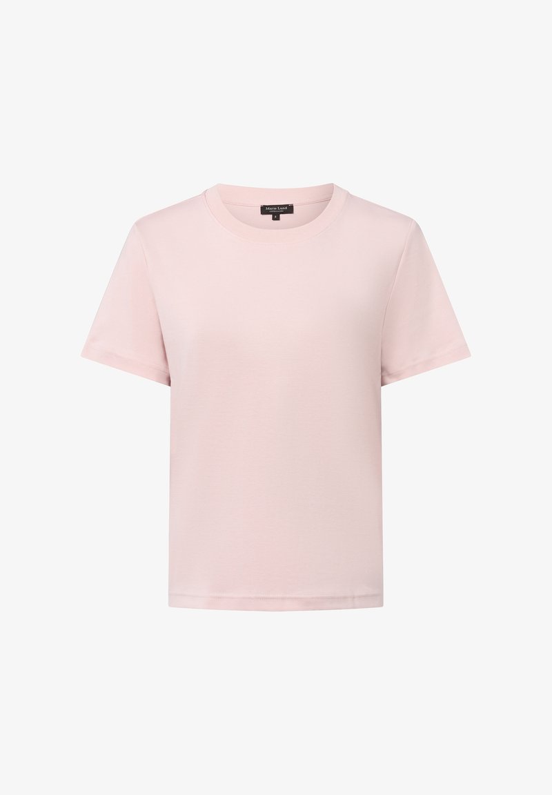 Light pink short-sleeve crew neck t-shirt with a straight hem, displayed against a plain white background.