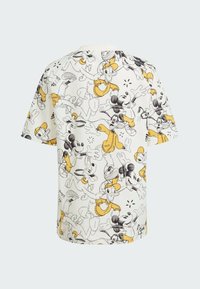 T-shirt a maniche corte con tessuto bianco e motivi di personaggi dei cartoni animati in nero e giallo, tra cui Topolino e amici.