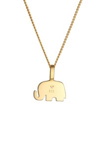 Gouden olifant hanger aan een gedraaide ketting, met een gladde afwerking en gegraveerde details die "585" op het lichaam lezen.