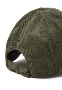 Olive green corduroy baseball cap with adjustable strap and embroidered ventilation hole at the back.