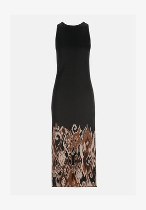 Sleeveless black midi dress with fitted silhouette and abstract brown and beige patterned design along the bottom hem.