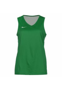 Grünes ärmelloses Sportoberteil aus atmungsaktivem Mesh-Stoff. Mit V-Ausschnitt, strukturierter Oberfläche und weißem Nike-Logo auf der Brust.
