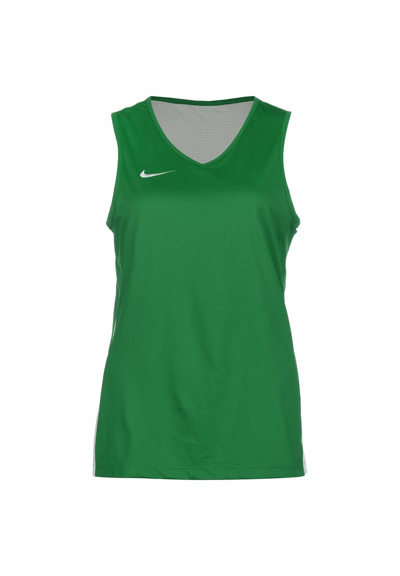 Grünes ärmelloses Sportoberteil aus atmungsaktivem Mesh-Stoff. Mit V-Ausschnitt, strukturierter Oberfläche und weißem Nike-Logo auf der Brust.