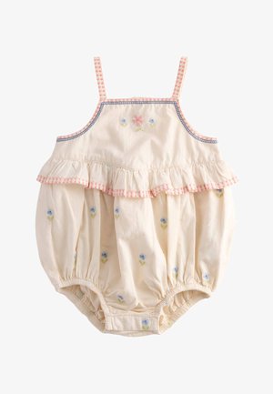 Tutina per neonato color crema con ricamo floreale rosa e blu, bordo arricciato a quadretti rosa e sottili spalline.