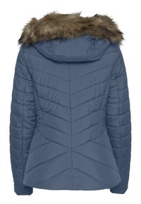 Polstret jakke i blå med en aftagelig faux fur hætte. Har chevron-syninger, justerbar pasform og en let udvidet silhuet.