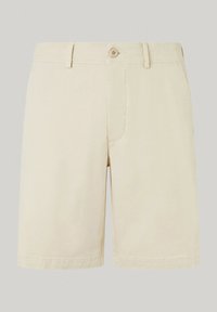 Beige shorts i glatt tyg, med knappstängning framtill, bälteshällor och klassisk fåll. Enkelt, skräddarsydd design utan mönster.