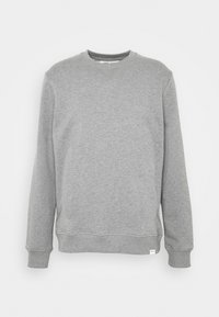 Ein einfarbig grauer Rundhalsausschnitt-Sweatshirt mit gerippten Bündchen und Saum, vor einem weißen Hintergrund präsentiert.