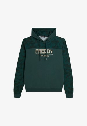 Felpa con cappuccio verde scuro con motivo mimetico, dotata di cappuccio con coulisse, tasca a marsupio e logo "FREDDY TRAINING" in beige.
