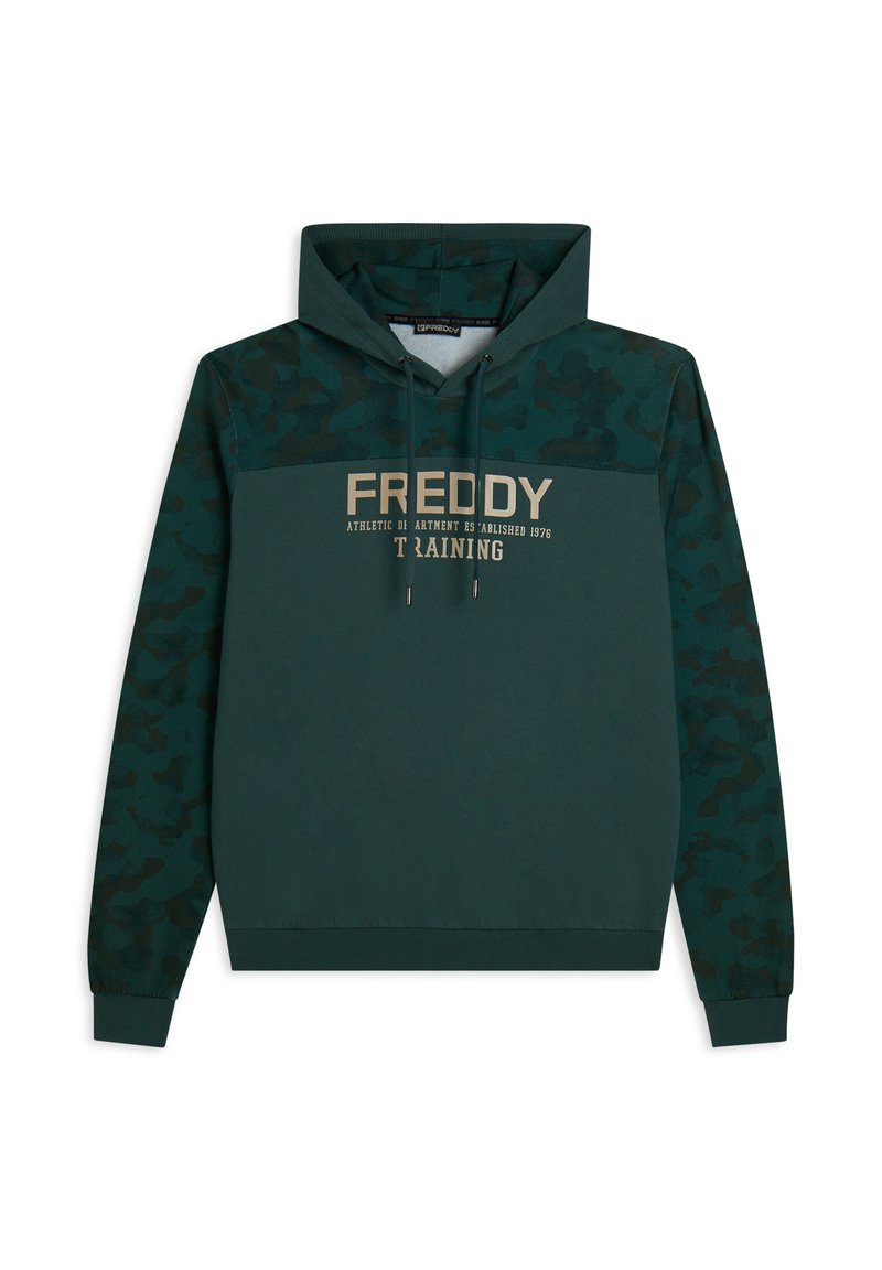 Felpa con cappuccio verde scuro con motivo mimetico, dotata di cappuccio con coulisse, tasca a marsupio e logo "FREDDY TRAINING" in beige.