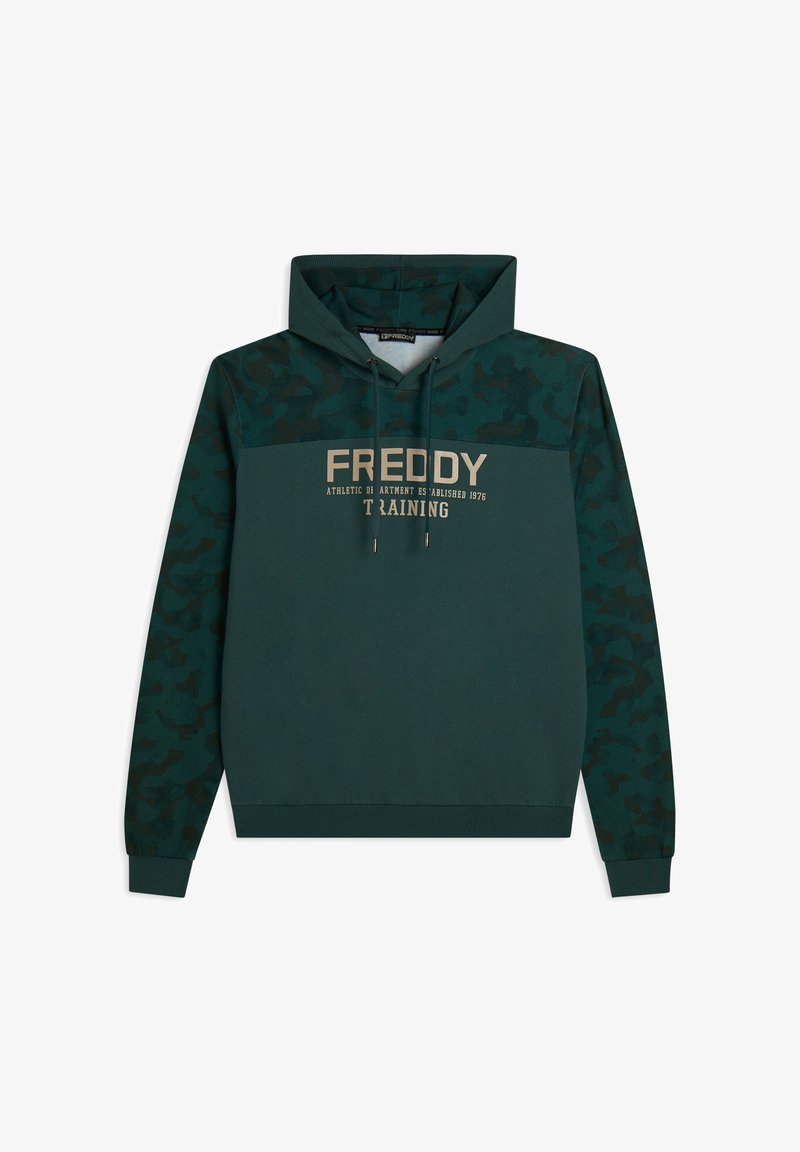 Felpa con cappuccio verde scuro con motivo mimetico, dotata di cappuccio con coulisse, tasca a marsupio e logo "FREDDY TRAINING" in beige.