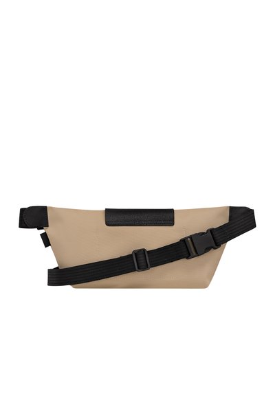 Beige waterproof waist bag with a black textured flap, adjustable black nylon strap, and a buckle closure. Features a streamlined, angular shape.