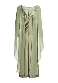 Robe nuisette en satin vert clair avec cape transparente assortie s’étendant des épaules à l’ourlet.