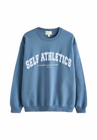 Sinine ümmarguse kaelusega dressipluus, mis on valmistatud pehmest kangast, suure "SELF ATHLETICS" trükiga ning ribikudumisega varrukate ja serva ääres.