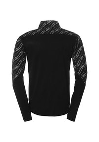 Sort langærmet sportstrøje med høj krave og mønstrede grå detaljer på skuldrene og ærmerne, lavet af et blødt, struktureret stof.