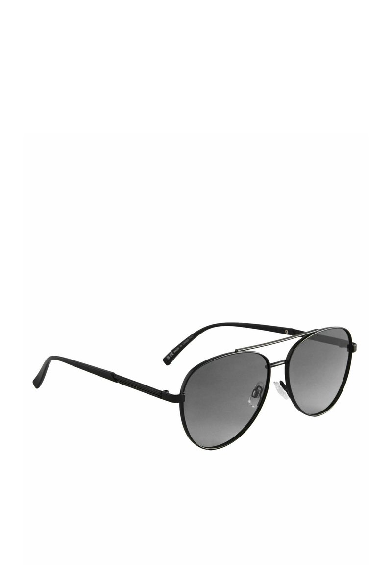 Zwarte metalen aviator zonnebril met gradient grijze lenzen, dunne draadframe en siliconen neuspads voor comfort. Lichtgewicht en hoekig ontwerp.