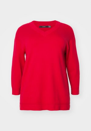 Rød langærmet sweater med V-hals, der har en afslappet pasform og ribbede manchetter, fremstillet af blødt strikstof.