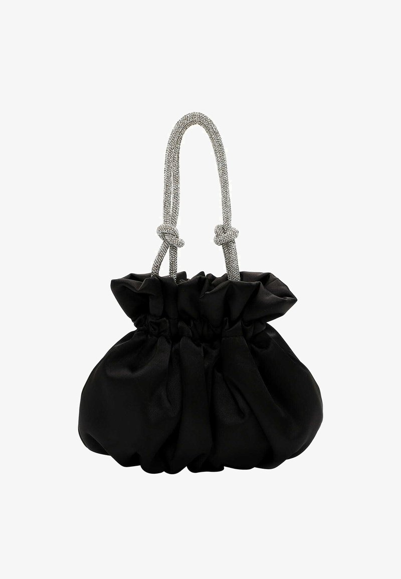 Schwarze Satin-Handtasche mit gerafftem Design. Verfügt über einen silbernen geflochtenen Griff und geknotete Akzente. Weiche, glatte Textur.