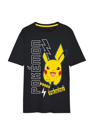 Zwarte t-shirt met korte mouwen met een Pikachu graphic, gele accenten en vetgedrukte tekst. Ontwerp bevat bliksemschichten en "#025 TEAM PIKACHU."