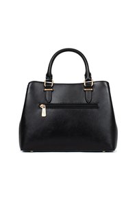 Borsa a mano in pelle nera con forma strutturata, dettagli in metallo dorato, due manici superiori e una tasca con zip frontale. Texture liscia.