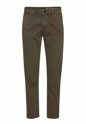 Donker olijfgroene broek, gemaakt van geweven stof, heeft een regular fit, vier zakken en een knoopsluiting bij de taille.