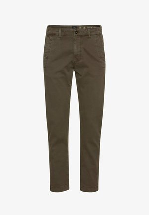 Dunkelolivgrüne Hosen aus gewebtem Stoff im Regular-Fit, mit vier Taschen und einem Knopfverschluss am Bund.