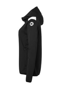 Veste à capuche noire en tissu lisse ; présente une accentuation blanche sur l'épaule et un patch logo sur la manche ; comprend des poches zippées.