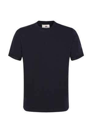Navy blue cotton t-shirt with a round neck, short sleeves, and minimal stitching details; features a small logo on the sleeve.