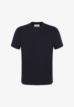 Navy zila kokvilnas T-krekls ar apaļu kaklu, īsām piedurknēm un minimāliem šuvju detalizējumiem; ar mazu logotipu uz piedurknes.