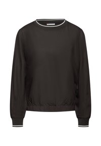 Maglietta nera a maniche lunghe realizzata in tessuto morbido, con scollatura rotonda con bordini bianchi e polsini elastici decorati con strisce sui polsi.